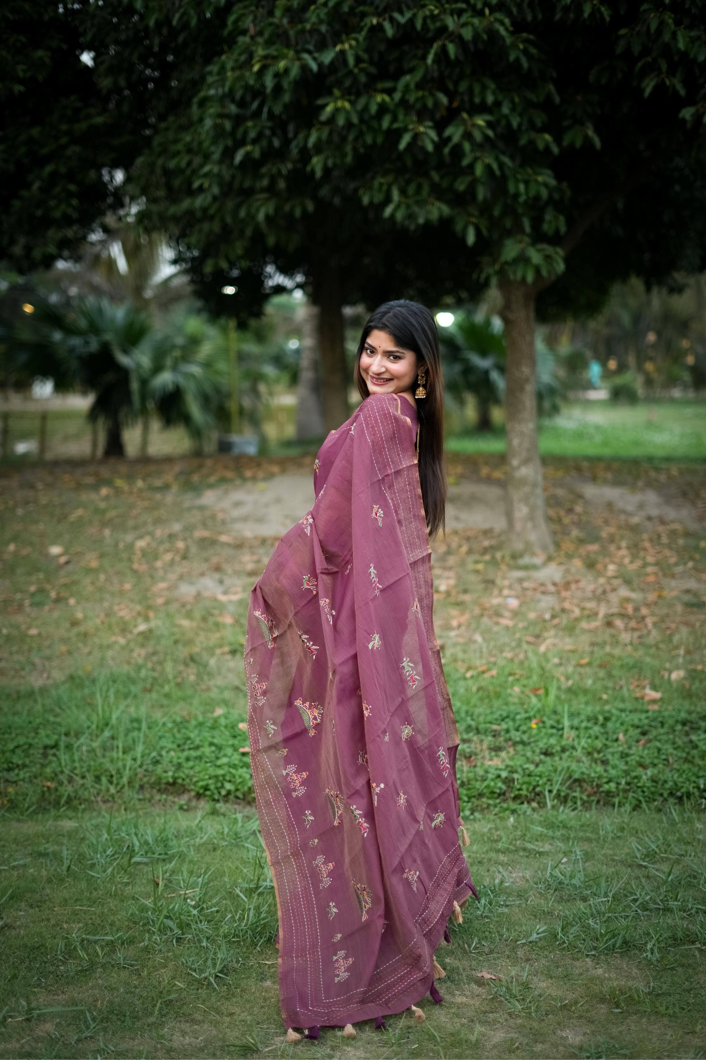 Jyoti Fashion Women's Wine Tussar Silk Traditional Thread Work Designer Saree with Blouse