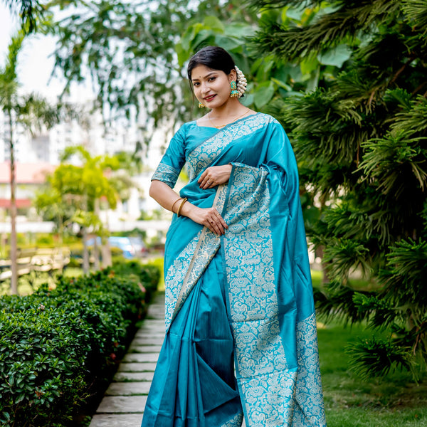 Jyoti Fashion Women's Sky Blue Handloom Raw Silk Weaving Designer Saree with Blouse - Distacart