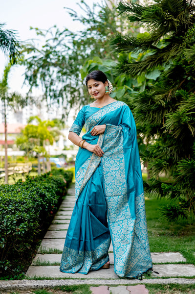 Jyoti Fashion Women's Sky Blue Handloom Raw Silk Weaving Designer Saree with Blouse