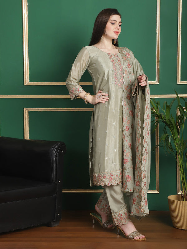 Jyoti Fashion Women's Olive Chinon Chiffon Floral Embroidery with Cording & Crystal Work Designer Straight Suit Set - Distacart