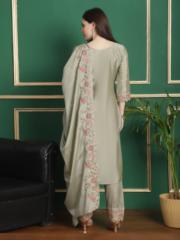 Jyoti Fashion Women's Olive Chinon Chiffon Floral Embroidery with Cording & Crystal Work Designer Straight Suit Set - Distacart