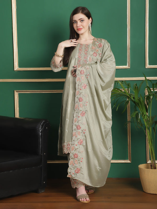 Jyoti Fashion Women's Olive Chinon Chiffon Floral Embroidery with Cording & Crystal Work Designer Straight Suit Set - Distacart