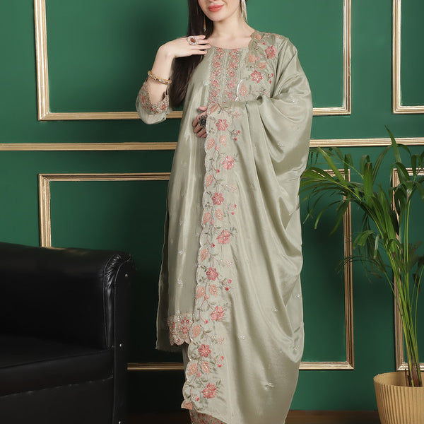 Jyoti Fashion Women's Olive Chinon Chiffon Floral Embroidery with Cording & Crystal Work Designer Straight Suit Set - Distacart