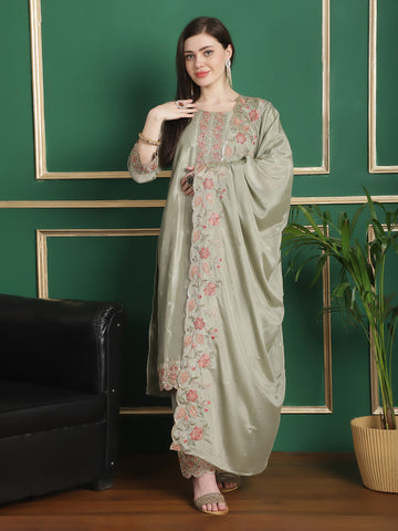 Jyoti Fashion Women's Olive Chinon Chiffon Floral Embroidery with Cording & Crystal Work Designer Straight Suit Set - Distacart