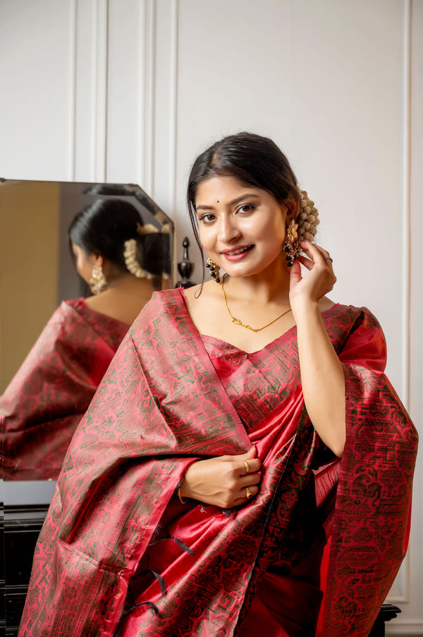 Jyoti Fashion Women's Gajri Red Handloom Raw Silk Weaving Designer Saree with Blouse