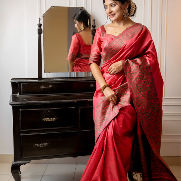 Jyoti Fashion Women's Gajri Red Handloom Raw Silk Weaving Designer Saree with Blouse - Distacart