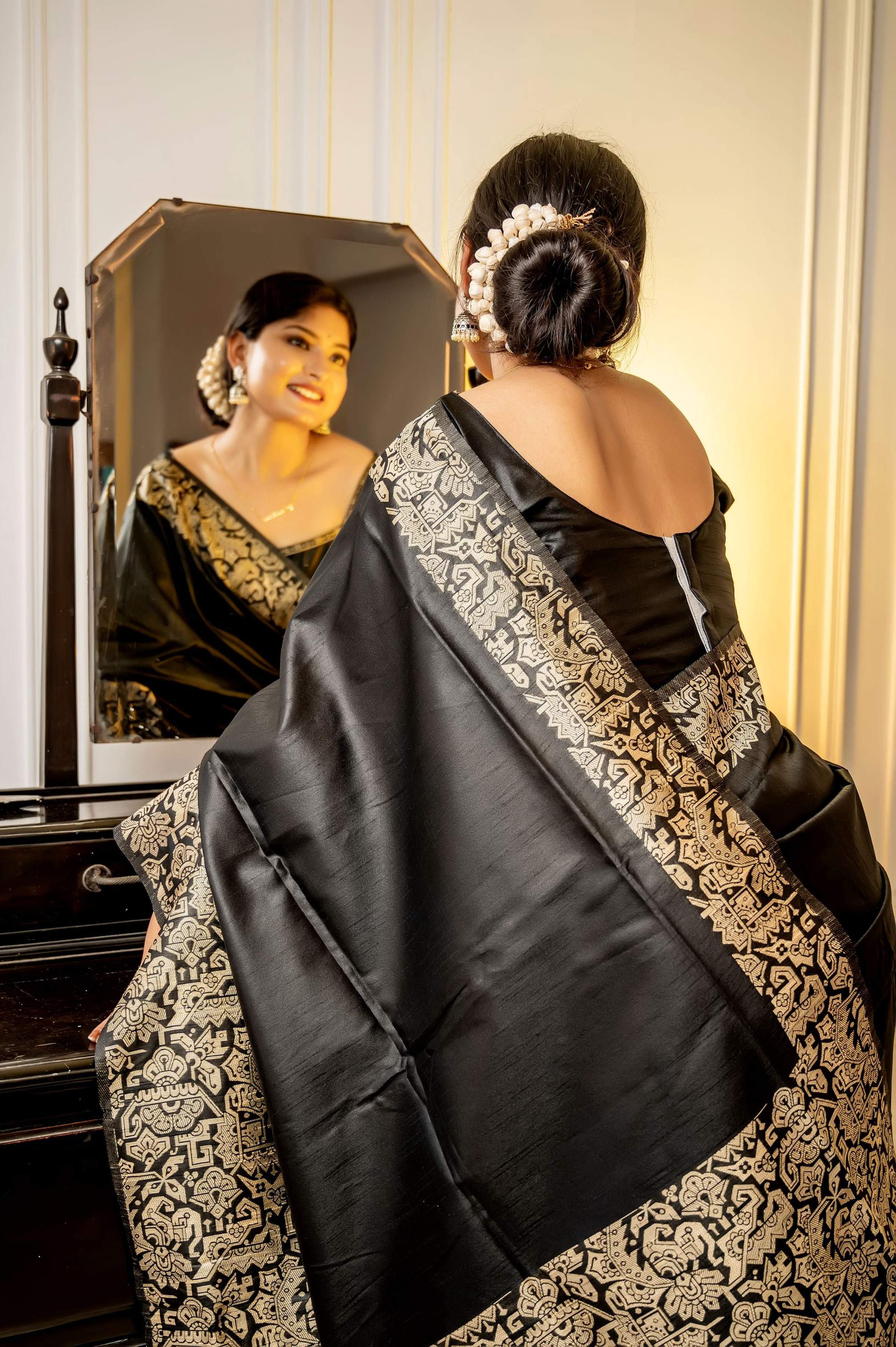 Jyoti Fashion Women's Black Handloom Raw Silk Weaving Designer Saree with Blouse