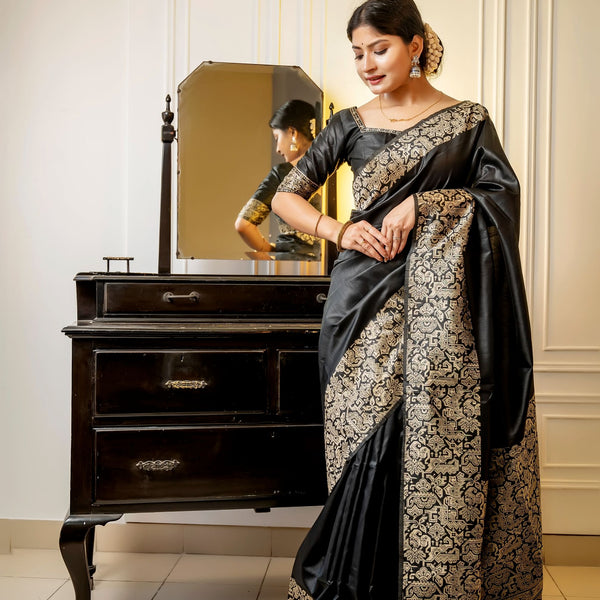 Jyoti Fashion Women's Black Handloom Raw Silk Weaving Designer Saree with Blouse - Distacart