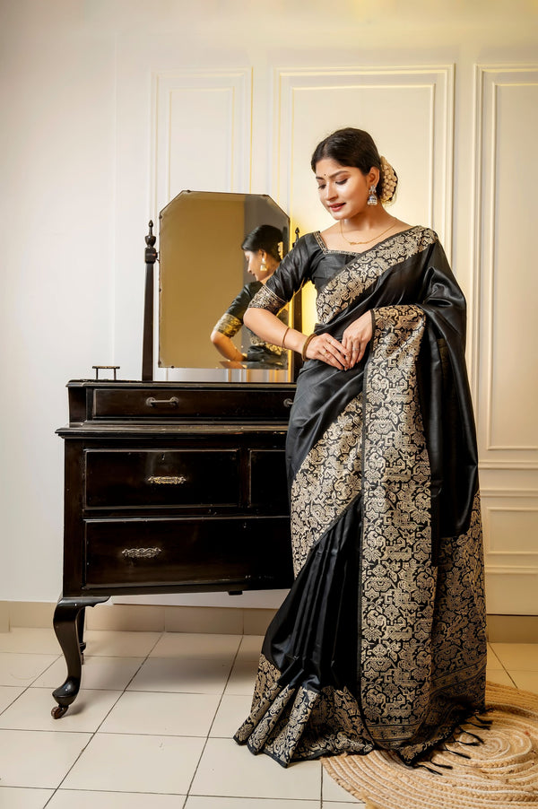Jyoti Fashion Women's Black Handloom Raw Silk Weaving Designer Saree with Blouse