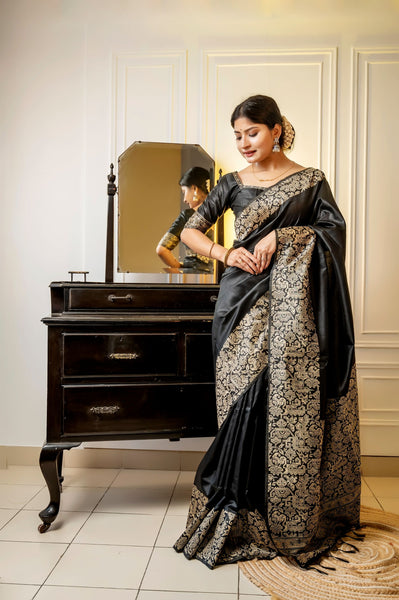 Jyoti Fashion Women's Black Handloom Raw Silk Weaving Designer Saree with Blouse