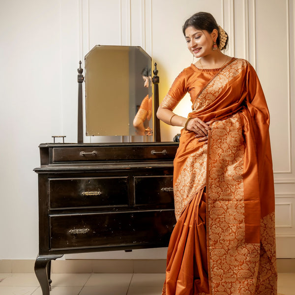 Jyoti Fashion Women's Orange Handloom Raw Silk Weaving Designer Saree with Blouse - Distacart