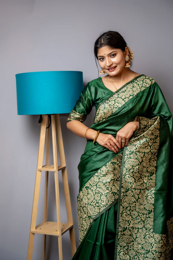 Jyoti Fashion Women's Bottle Green Handloom Raw Silk Weaving Designer Saree with Blouse