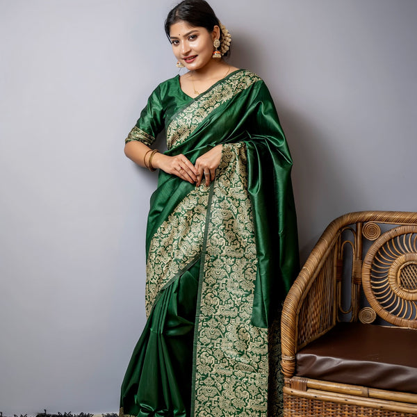Jyoti Fashion Women's Bottle Green Handloom Raw Silk Weaving Designer Saree with Blouse - Distacart