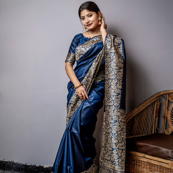 Jyoti Fashion Women's Navy Blue Handloom Raw Silk Weaving Designer Saree with Blouse - Distacart
