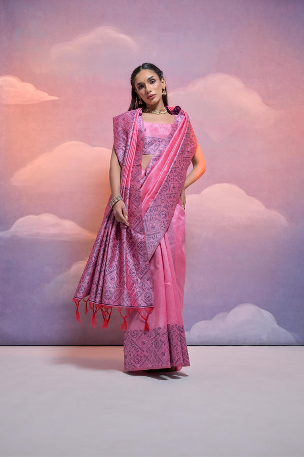 Jyoti Fashion Women's Pink Handloom Raw Silk Weaving Designer Saree with Blouse