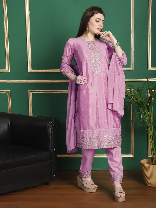 Jyoti Fashion Women's Pink Chinon Chiffon Floral Embroidery with Cording & Crystal Work Designer Straight Suit Set - Distacart
