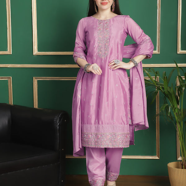 Jyoti Fashion Women's Pink Chinon Chiffon Floral Embroidery with Cording & Crystal Work Designer Straight Suit Set - Distacart