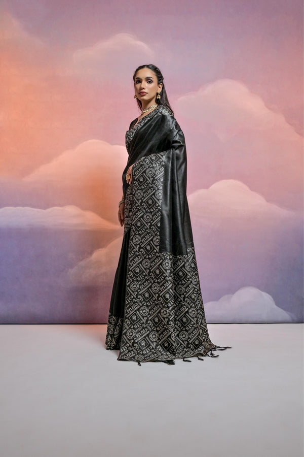 Jyoti Fashion Women's Black Handloom Raw Silk Weaving Designer Saree with Blouse