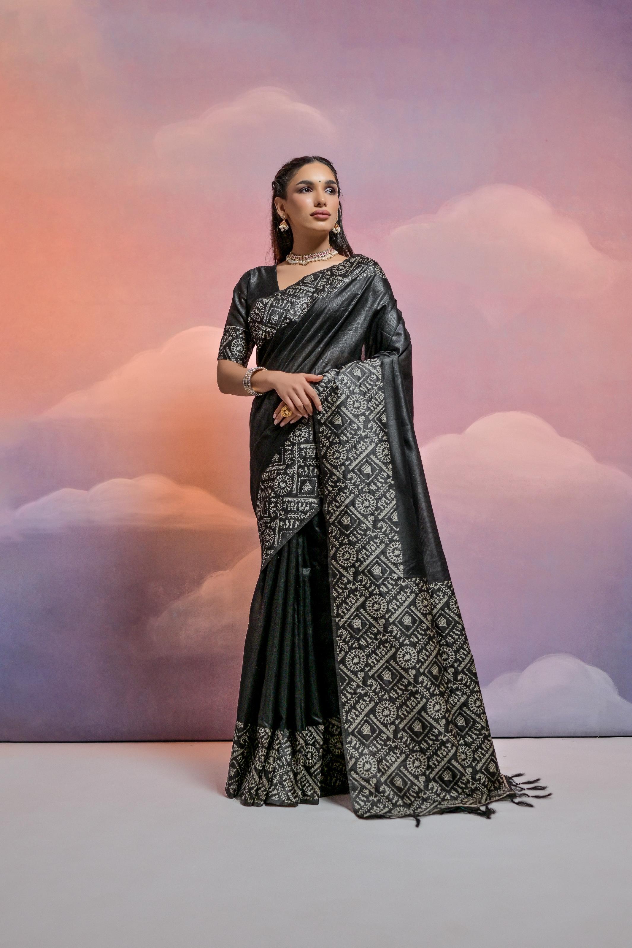 Jyoti Fashion Women's Black Handloom Raw Silk Weaving Designer Saree with Blouse