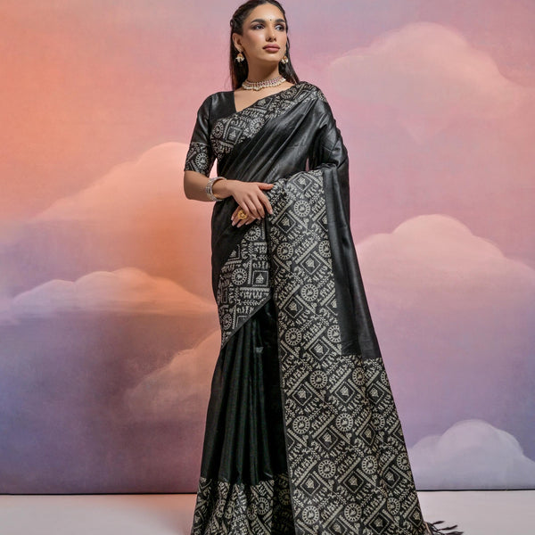 Jyoti Fashion Women's Black Handloom Raw Silk Weaving Designer Saree with Blouse - Distacart