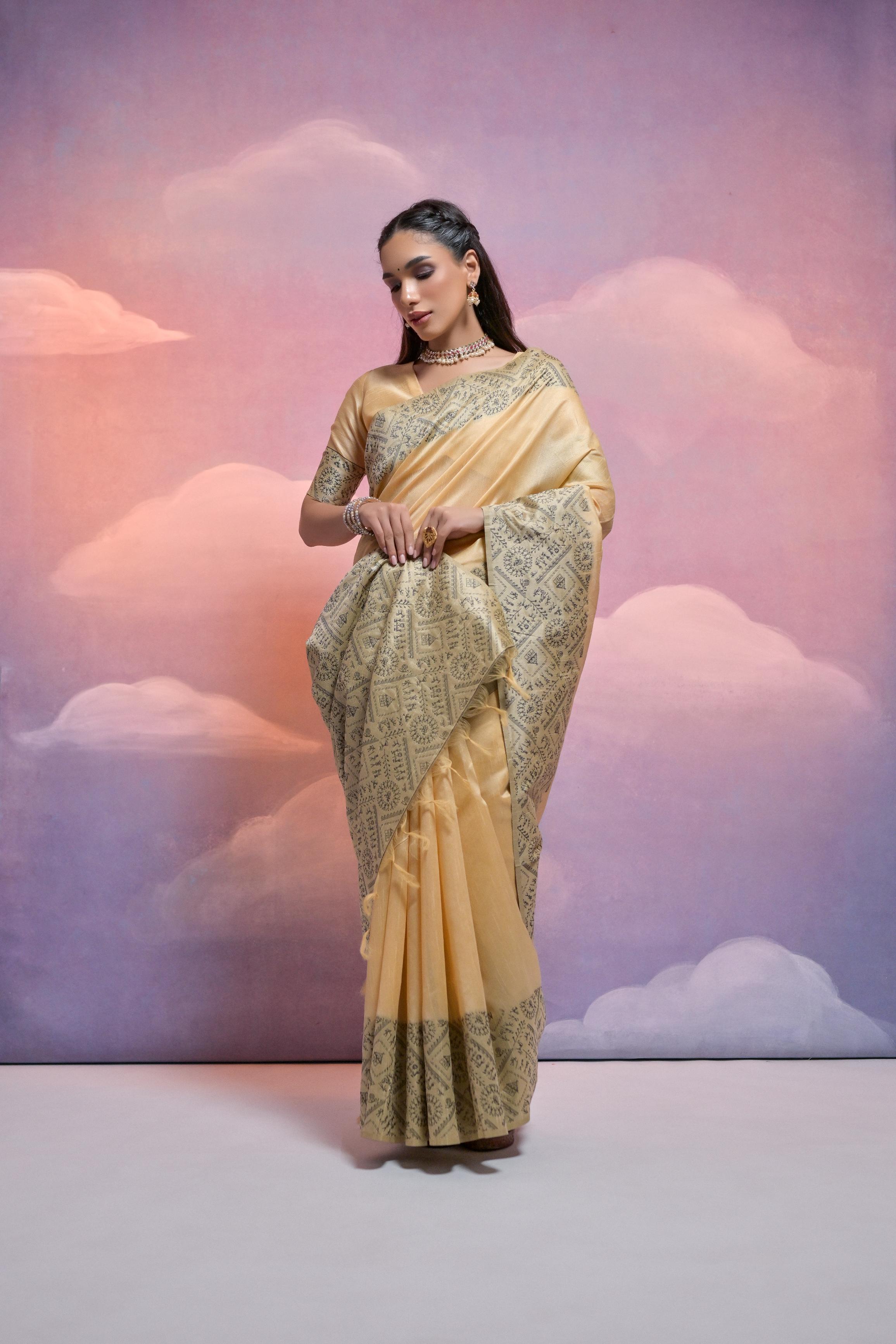 Jyoti Fashion Women's Cream Handloom Raw Silk Weaving Designer Saree with Blouse