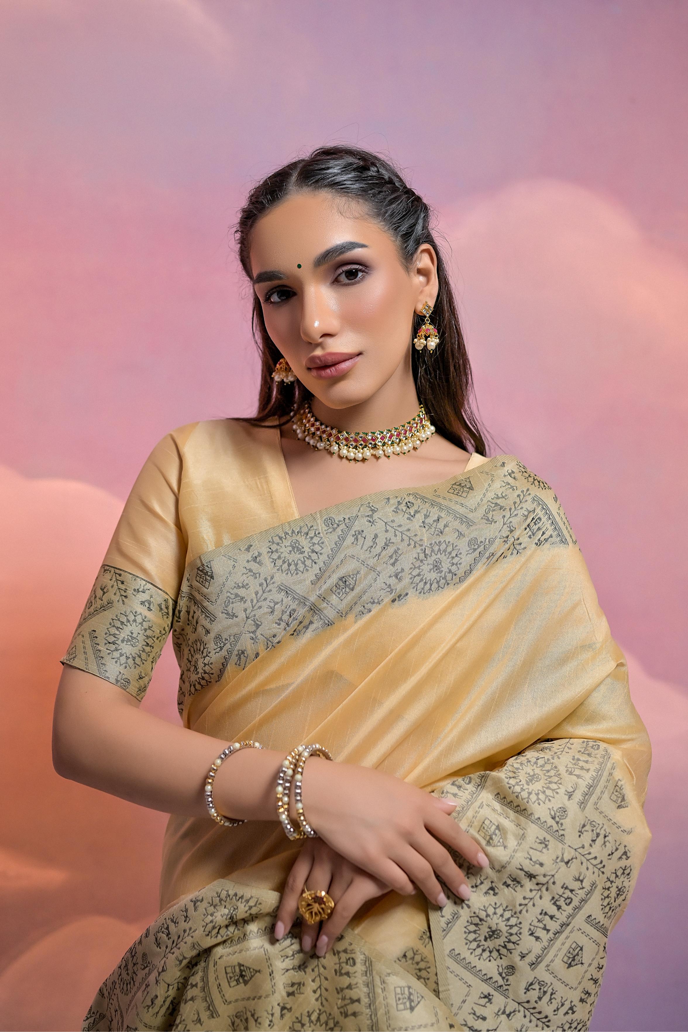 Jyoti Fashion Women's Cream Handloom Raw Silk Weaving Designer Saree with Blouse