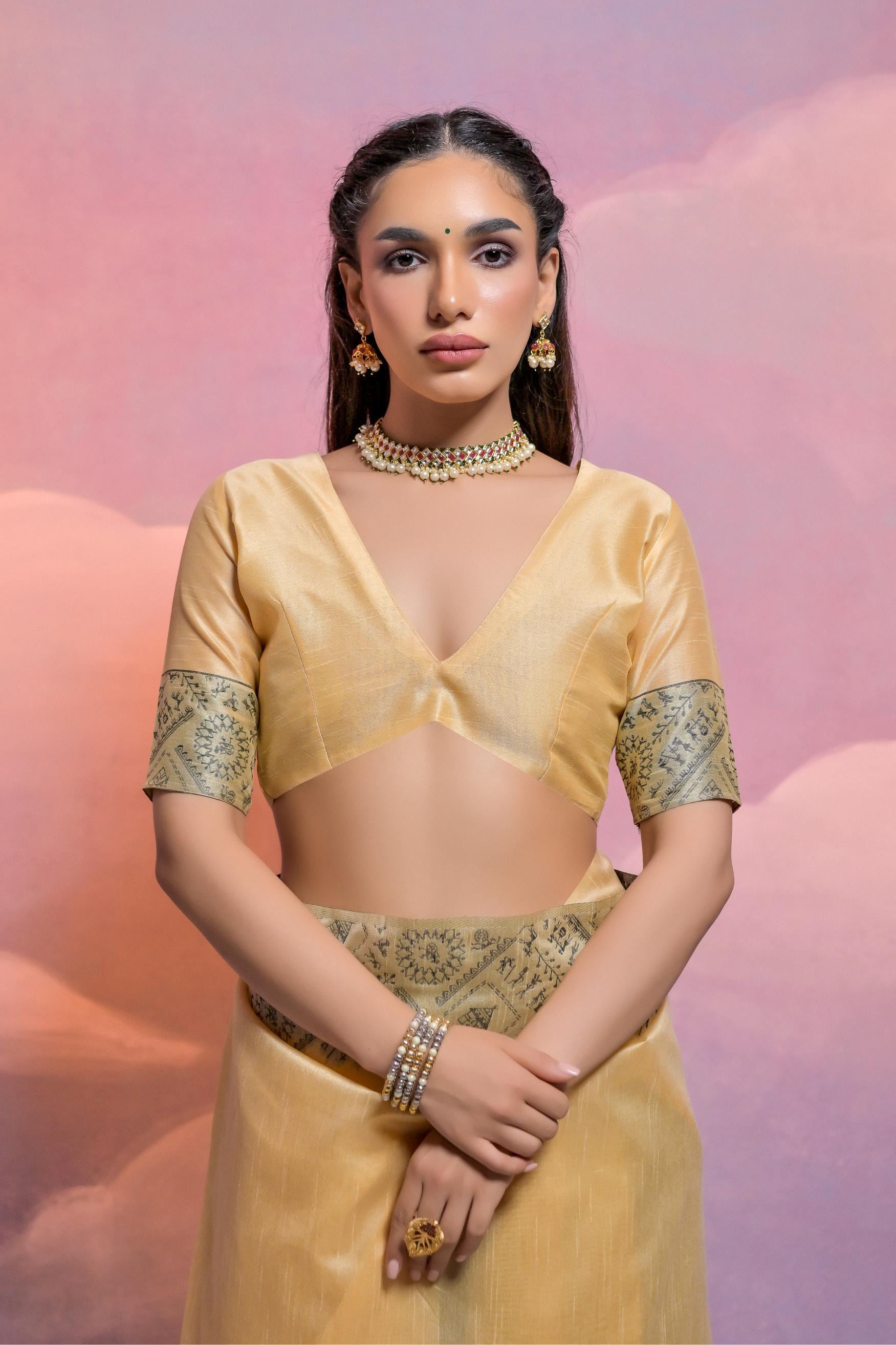 Jyoti Fashion Women's Cream Handloom Raw Silk Weaving Designer Saree with Blouse