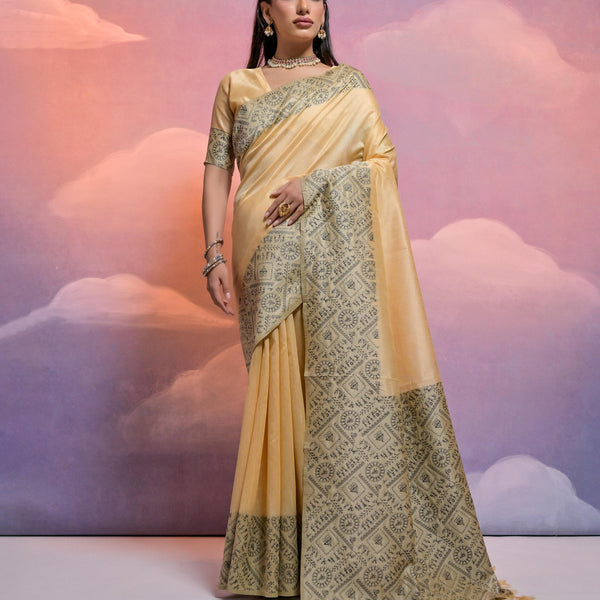 Jyoti Fashion Women's Cream Handloom Raw Silk Weaving Designer Saree with Blouse - Distacart