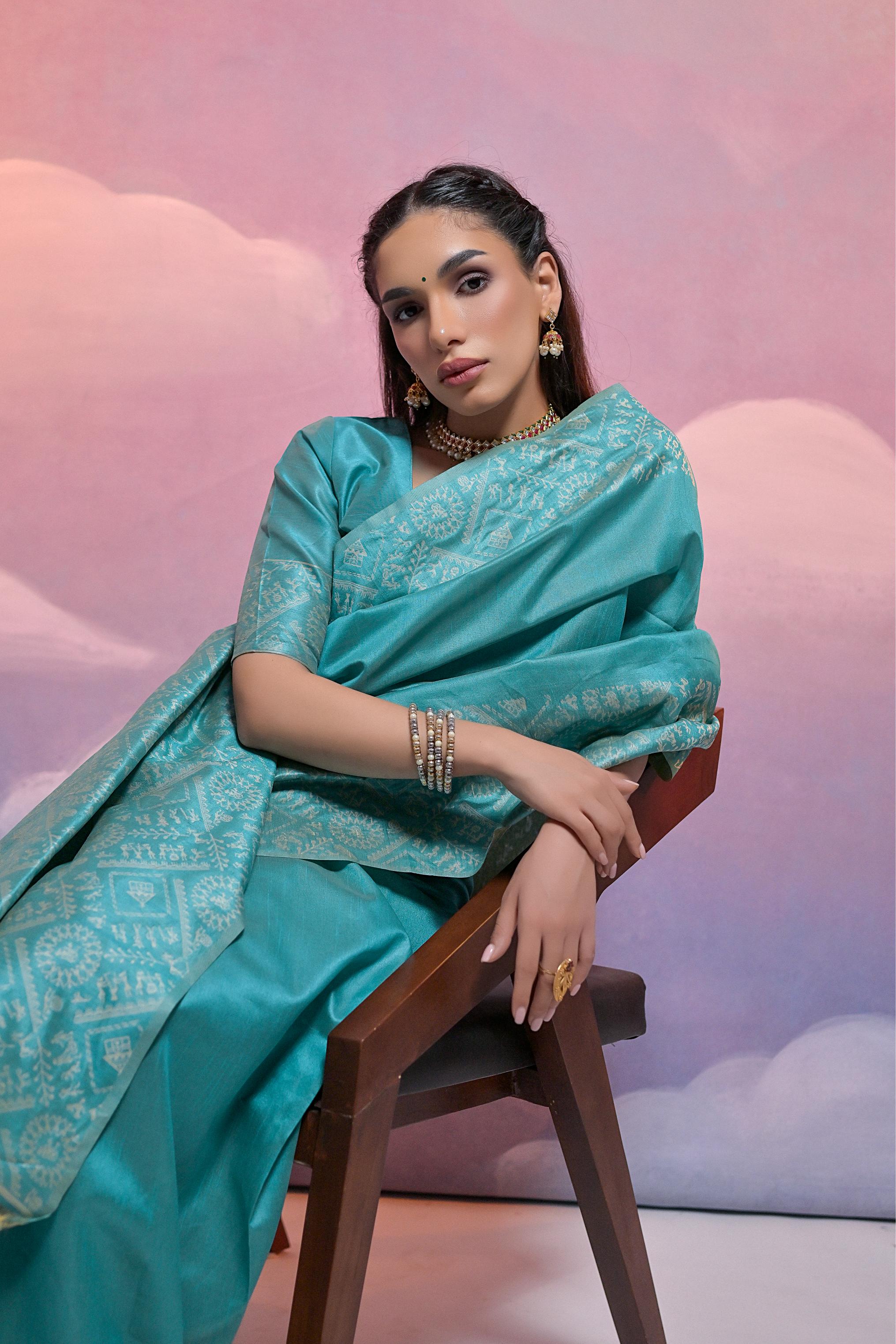 Jyoti Fashion Women's Firozi Handloom Raw Silk Weaving Designer Saree with Blouse