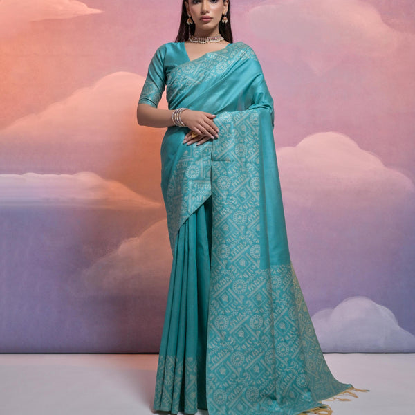 Jyoti Fashion Women's Firozi Handloom Raw Silk Weaving Designer Saree with Blouse - Distacart