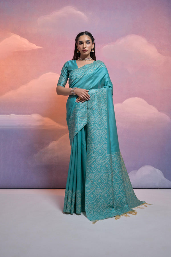 Jyoti Fashion Women's Firozi Handloom Raw Silk Weaving Designer Saree with Blouse