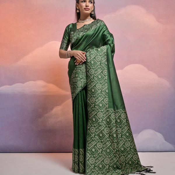 Jyoti Fashion Women's Bottle Green Handloom Raw Silk Weaving Designer Saree with Blouse - Distacart