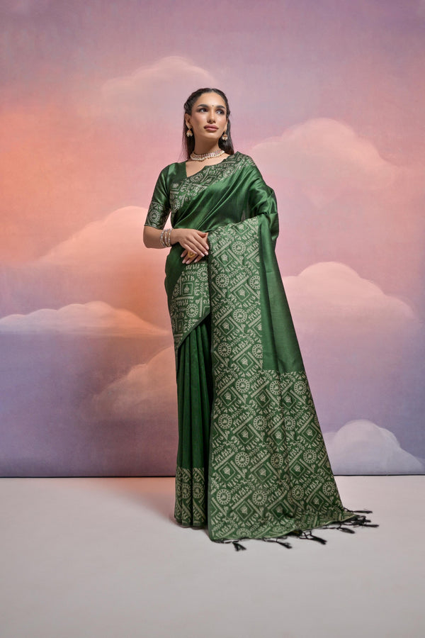 Jyoti Fashion Women's Bottle Green Handloom Raw Silk Weaving Designer Saree with Blouse