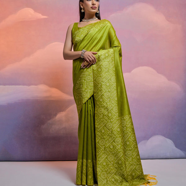 Jyoti Fashion Women's Mehendi Handloom Raw Silk Weaving Designer Saree with Blouse - Distacart