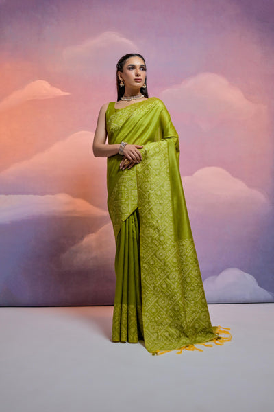 Jyoti Fashion Women's Mehendi Handloom Raw Silk Weaving Designer Saree with Blouse
