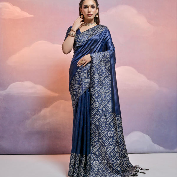 Jyoti Fashion Women's Navy Blue Handloom Raw Silk Weaving Designer Saree with Blouse - Distacart