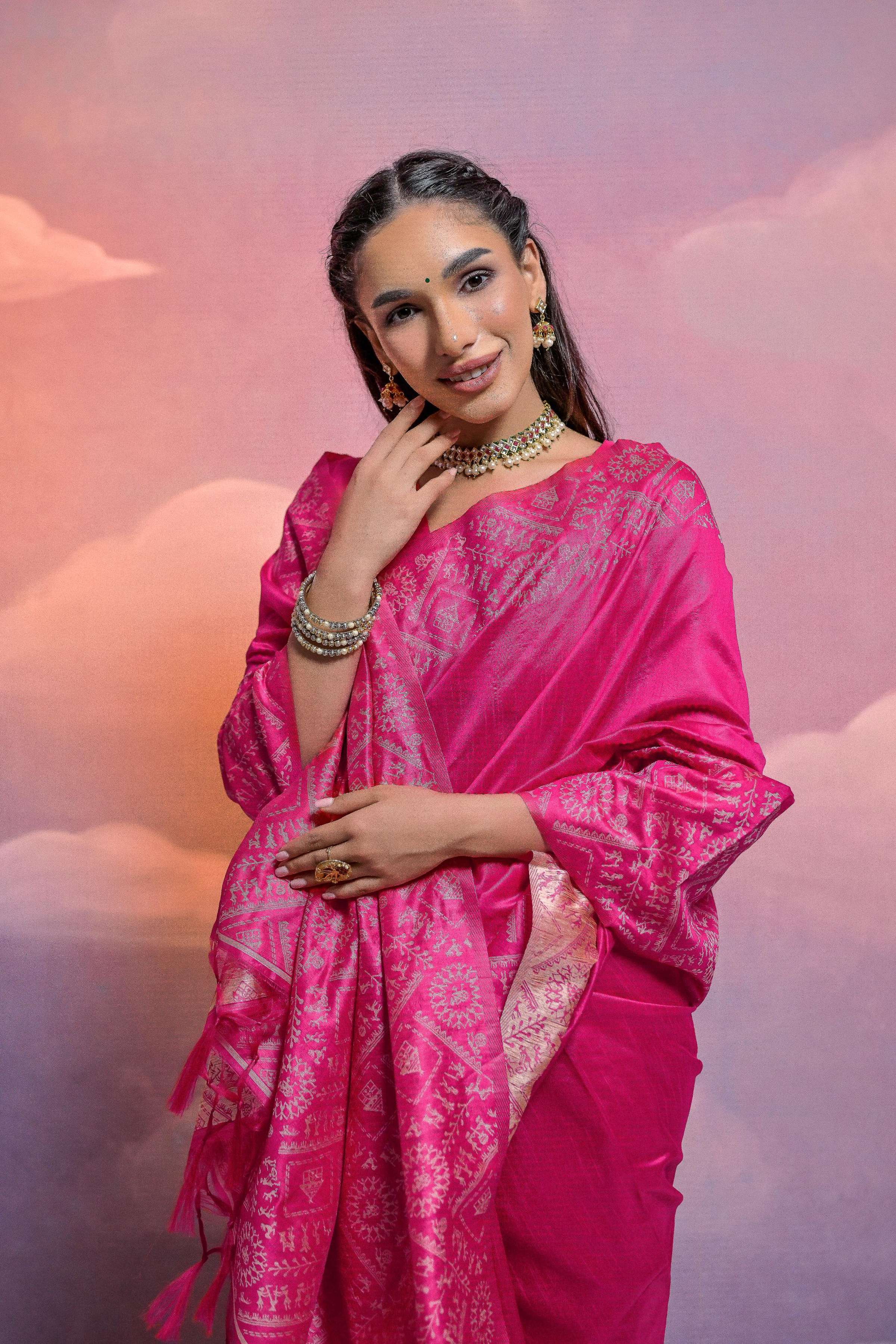 Jyoti Fashion Women's Rani Pink Handloom Raw Silk Weaving Designer Saree with Blouse