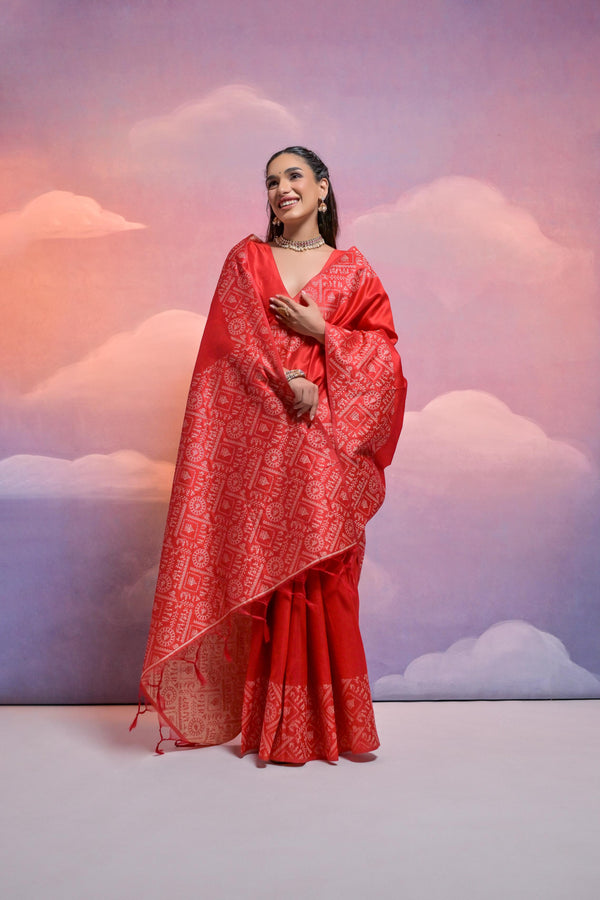 Jyoti Fashion Women's Red Handloom Raw Silk Weaving Designer Saree with Blouse