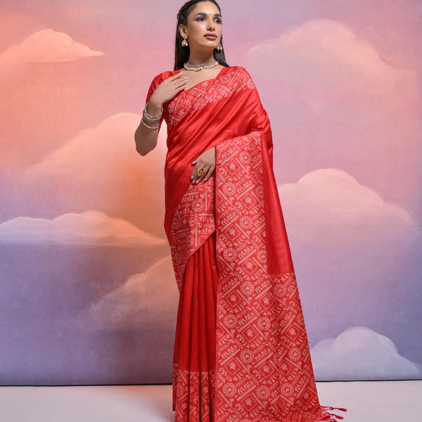 Jyoti Fashion Women's Red Handloom Raw Silk Weaving Designer Saree with Blouse - Distacart