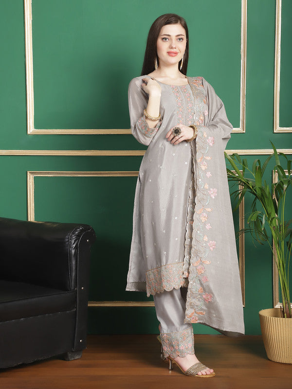 Jyoti Fashion Women's Grey Chinon Chiffon Floral Embroidery with Cording & Crystal Work Designer Straight Suit Set - Distacart