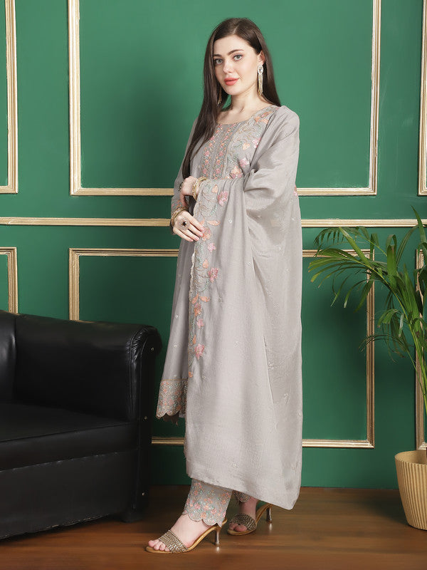 Jyoti Fashion Women's Grey Chinon Chiffon Floral Embroidery with Cording & Crystal Work Designer Straight Suit Set - Distacart
