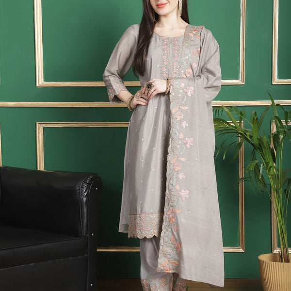 Jyoti Fashion Women's Grey Chinon Chiffon Floral Embroidery with Cording & Crystal Work Designer Straight Suit Set - Distacart