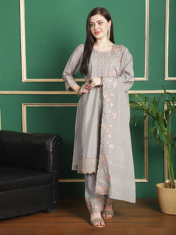 Jyoti Fashion Women's Grey Chinon Chiffon Floral Embroidery with Cording & Crystal Work Designer Straight Suit Set - Distacart