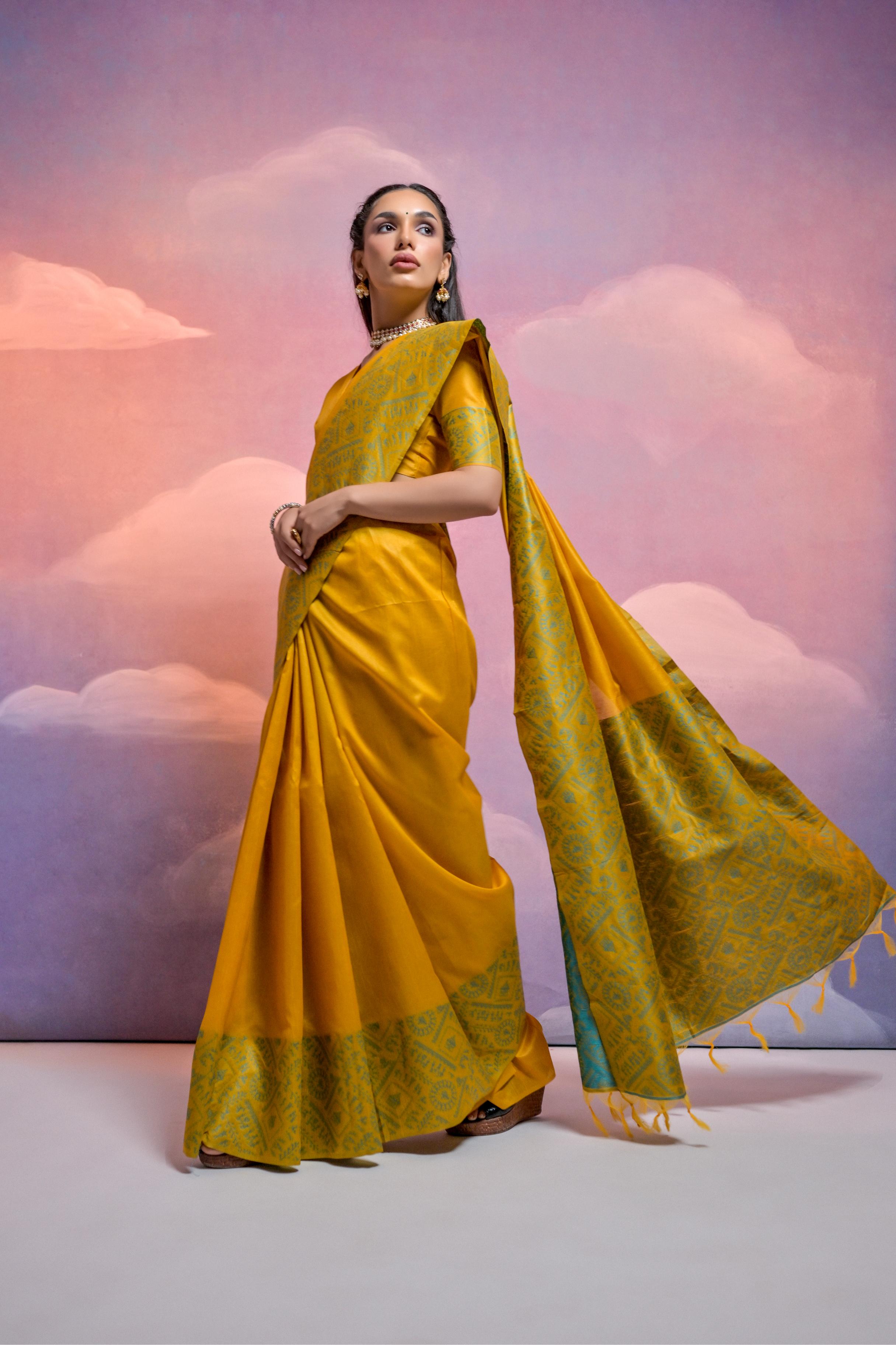 Jyoti Fashion Women's Yellow Handloom Raw Silk Weaving Designer Saree with Blouse