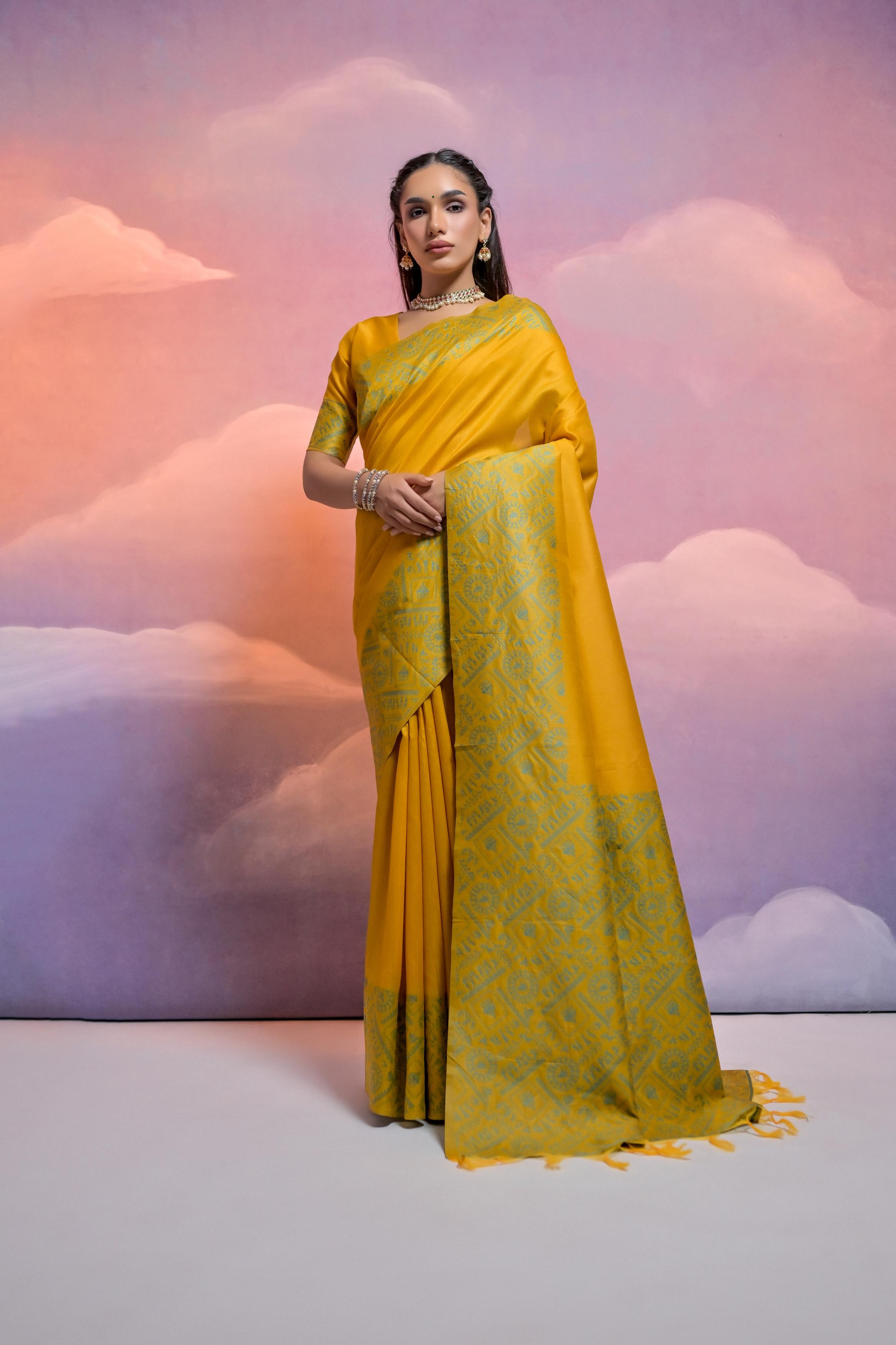 Jyoti Fashion Women's Yellow Handloom Raw Silk Weaving Designer Saree with Blouse