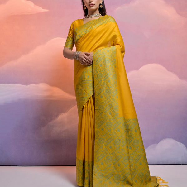 Jyoti Fashion Women's Yellow Handloom Raw Silk Weaving Designer Saree with Blouse - Distacart