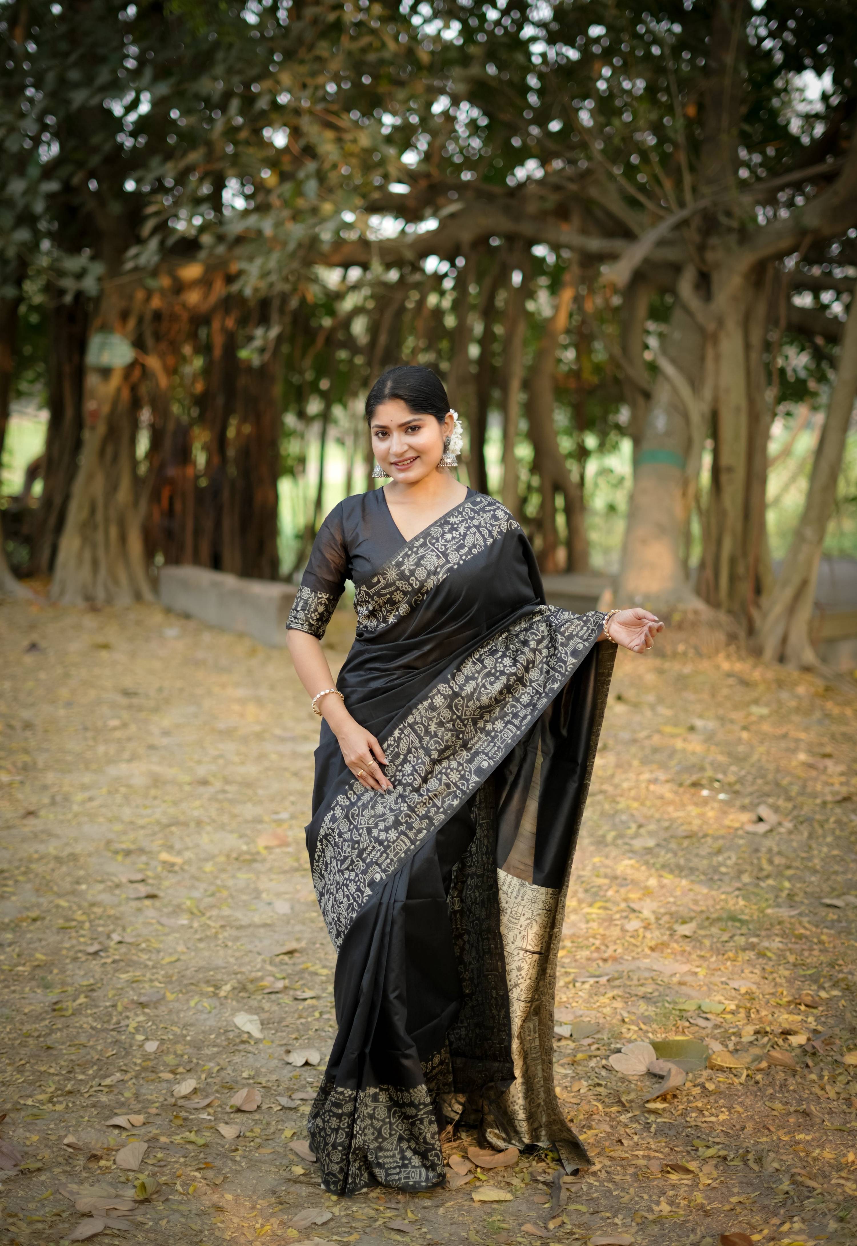 Jyoti Fashion Women's Black Handloom Raw Silk Weaving Designer Saree with Blouse
