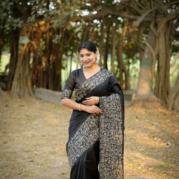Jyoti Fashion Women's Black Handloom Raw Silk Weaving Designer Saree with Blouse - Distacart