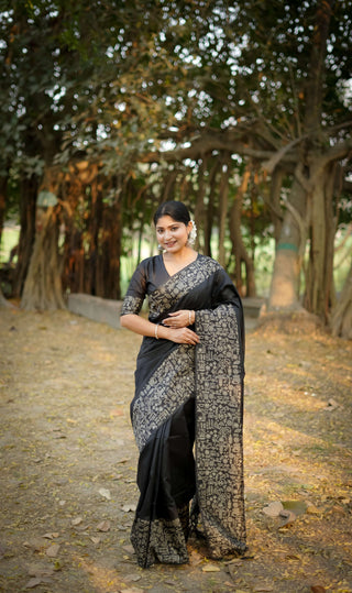 Jyoti Fashion Women's Black Handloom Raw Silk Weaving Designer Saree with Blouse