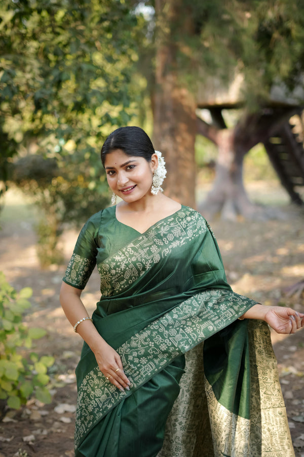 Jyoti Fashion Women's Bottle Green Handloom Raw Silk Weaving Designer Saree with Blouse
